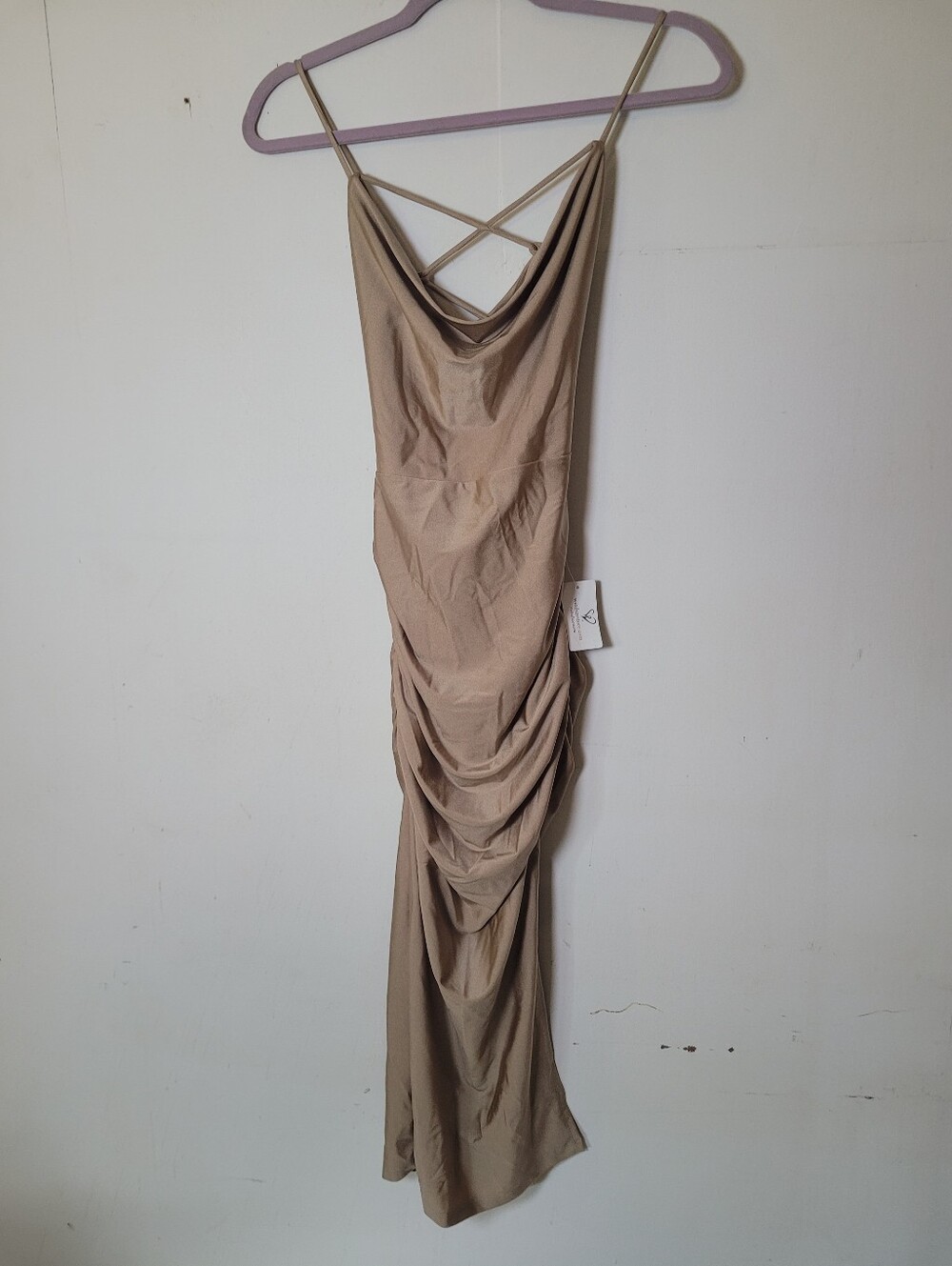 Windsor Gold Satin Ruched Strappy Cowl Neck Midi Slip Dress Women's Size S